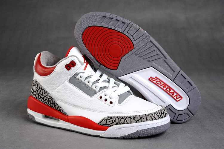 Real Air Jordan Retro 3 White Grey Red Shoes